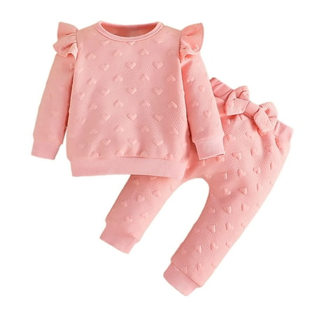 

Baby Girls Outfits Long Sleeve Solid Color Heart Tops Bowknot Pants Two Piece Kids Trendy Clothes for Girls Size 9-12 Months