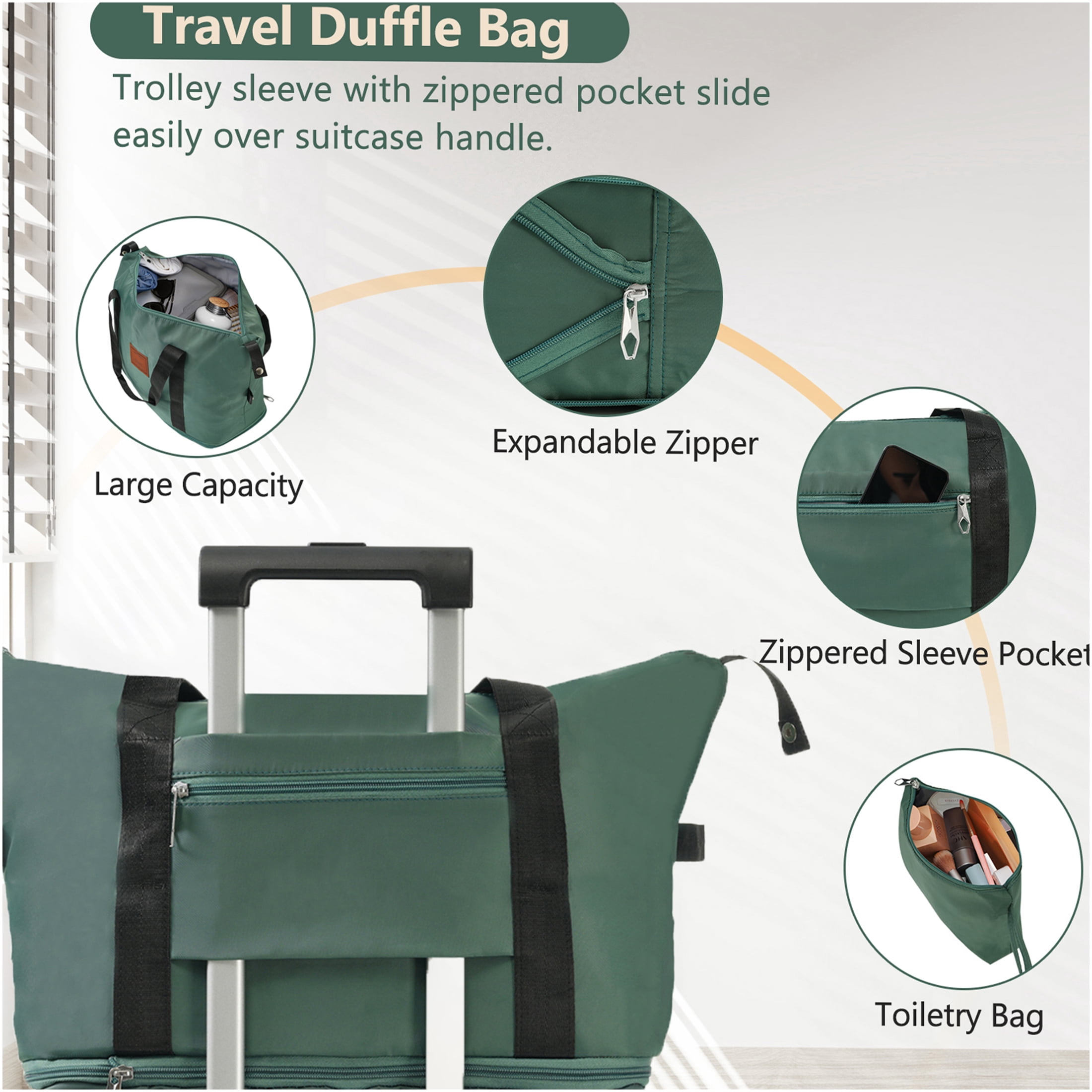 JERFIT 3-Piece Green Hardshell Spinner Luggage Set, 20 Inch Carry On ABS Suitcase with TSA Lock, Weekender Duffel & Toiletry Bag for Air Travel