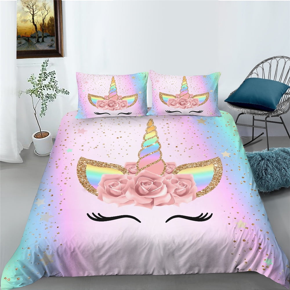 Unicorn Bedding 3/2 Piece Flower Girl Comforter Sets,Cartoon Unicorn