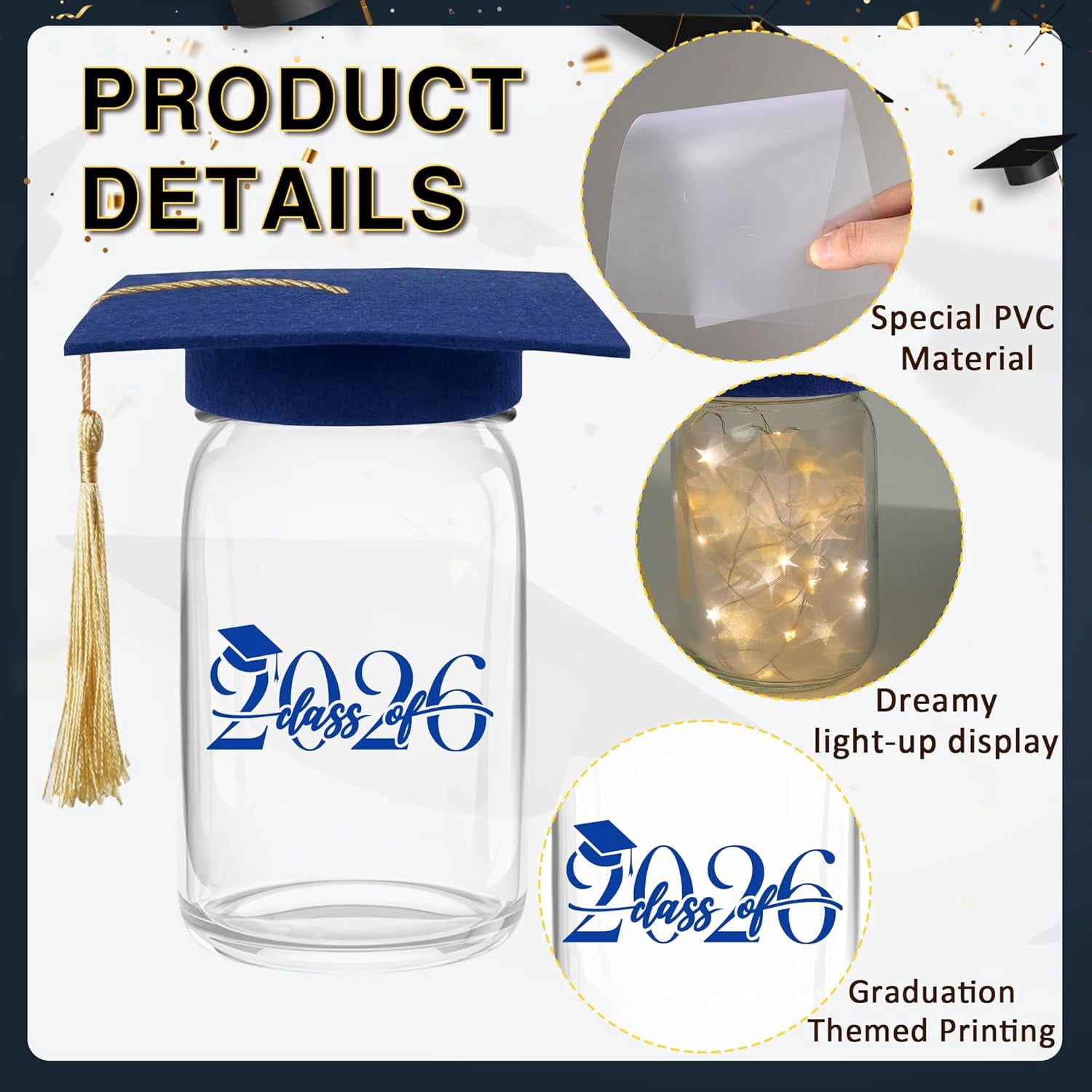 GuassLee 6 Sets 2026 Graduation Centerpieces for Tables, Glowing Mason Jar Centerpieces with Graduation Caps, Glowing Money Jars for College High School Congrats Grad Party Decor Supplies