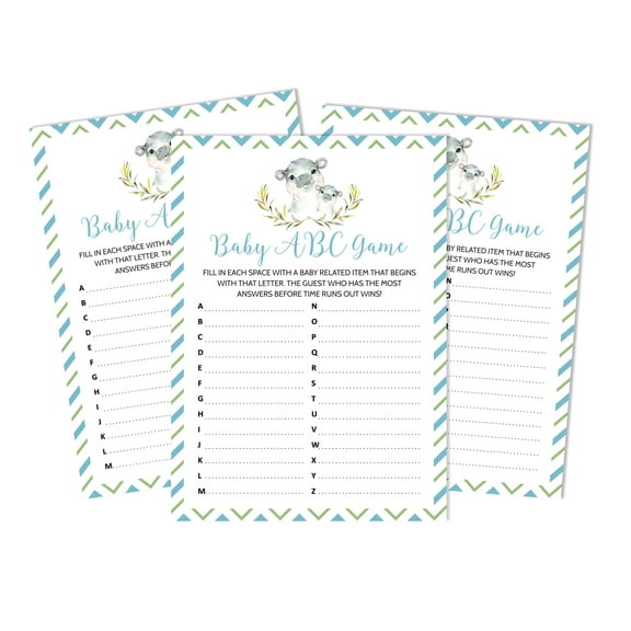 Inkdotpot Baby Shower Game Set Of 50 BabyAlphabetABCGame Hippo Jungle Animals Party Supplies