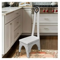 Heavy Duty Kitchen Step Stool with Handle, Wooden Bathroom Stool with 32.75" Tall Handle, Rustic White, No Bend Back Pickup