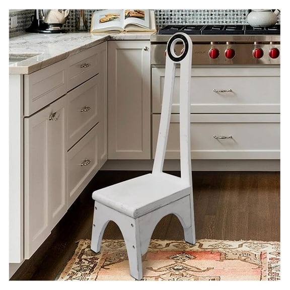 Heavy Duty Kitchen Step Stool with Handle, Wooden Bathroom Stool with 32.75" Tall Handle, Rustic White, No Bend Back Pickup