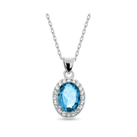 Blue Topaz Opal Necklace Sterling Silver Rhodium Plated Oval Blue Topaz and Created White Topaz Halo Necklace 18 Inches ()