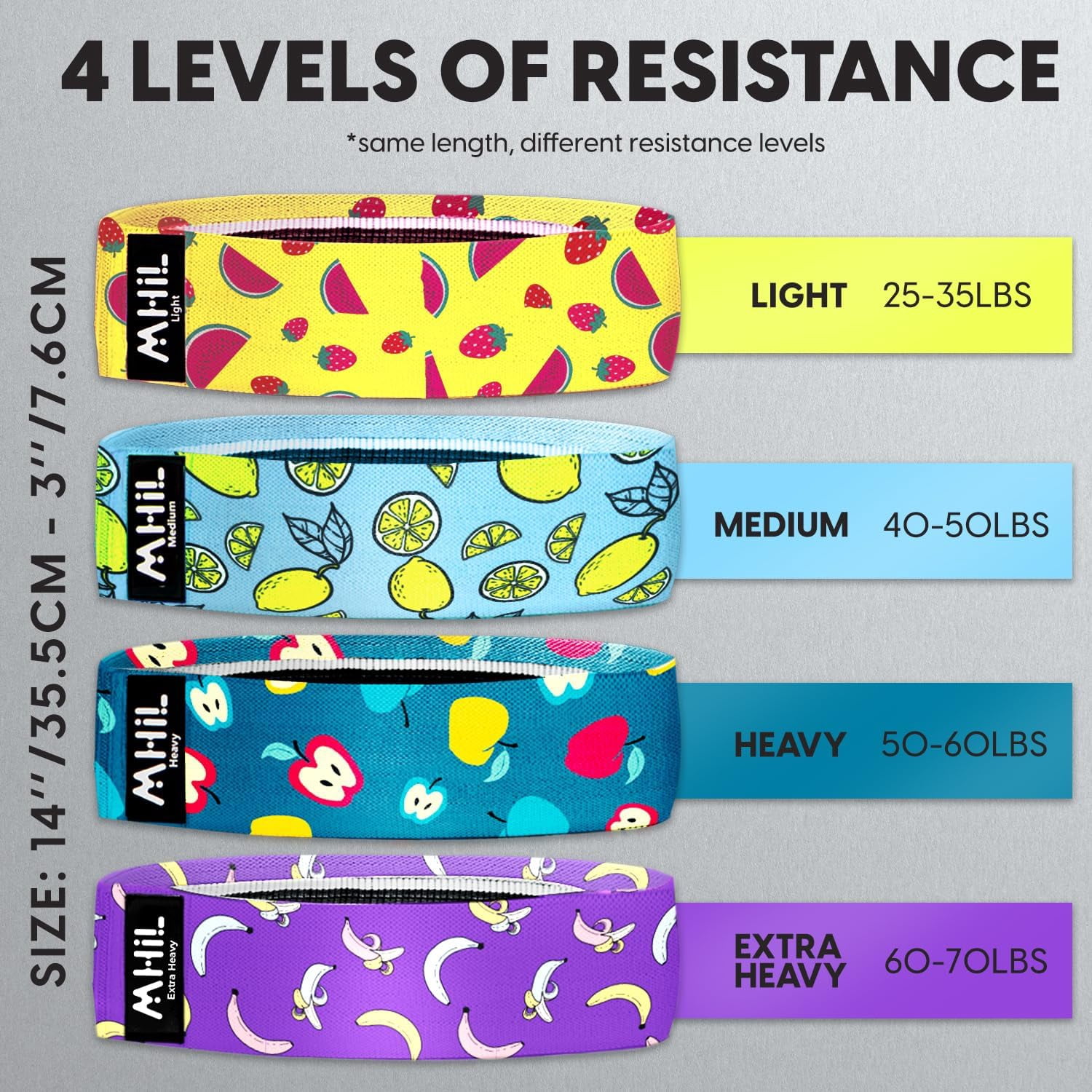 JJEAN-Fabric Resistance Bands for Women & Men – 4 Durable Exercise Bands for Working Out, Non-Slip & Non-Pinching Workout Bands – Multiple Resistance Levels Booty Bands for Legs Butt Glutes Hips Abs