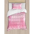 thumbnail image 3 of Feather House Decor Queen Size Duvet Cover Set, Hazy Japanese Cherry Blossom Trees with Feather Effects on Top Romantic Decor, Decorative 3 Piece Bedding Set with 2 Pillow Shams, Pink, by Ambesonne, 3 of 3