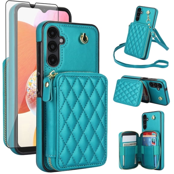 Compatible with Samsung Galaxy A16 5G/4G Wallet Phone Case Tempered Glass Screen Protector Wrist Crossbody Strap Stand Credit Card Holder RFID Slot Cell Cover for A 16 16A SM-A166U Women Girls Green