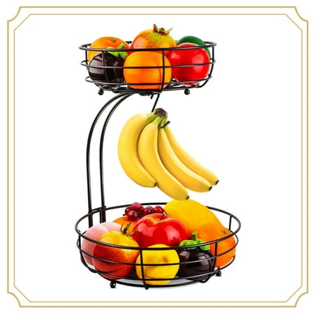 Fuleadture 2 Tier Metal Fruit Vegetable Bowls with Banana Hanger, Detachable Storage Basket for Kitchen Countertop, Black