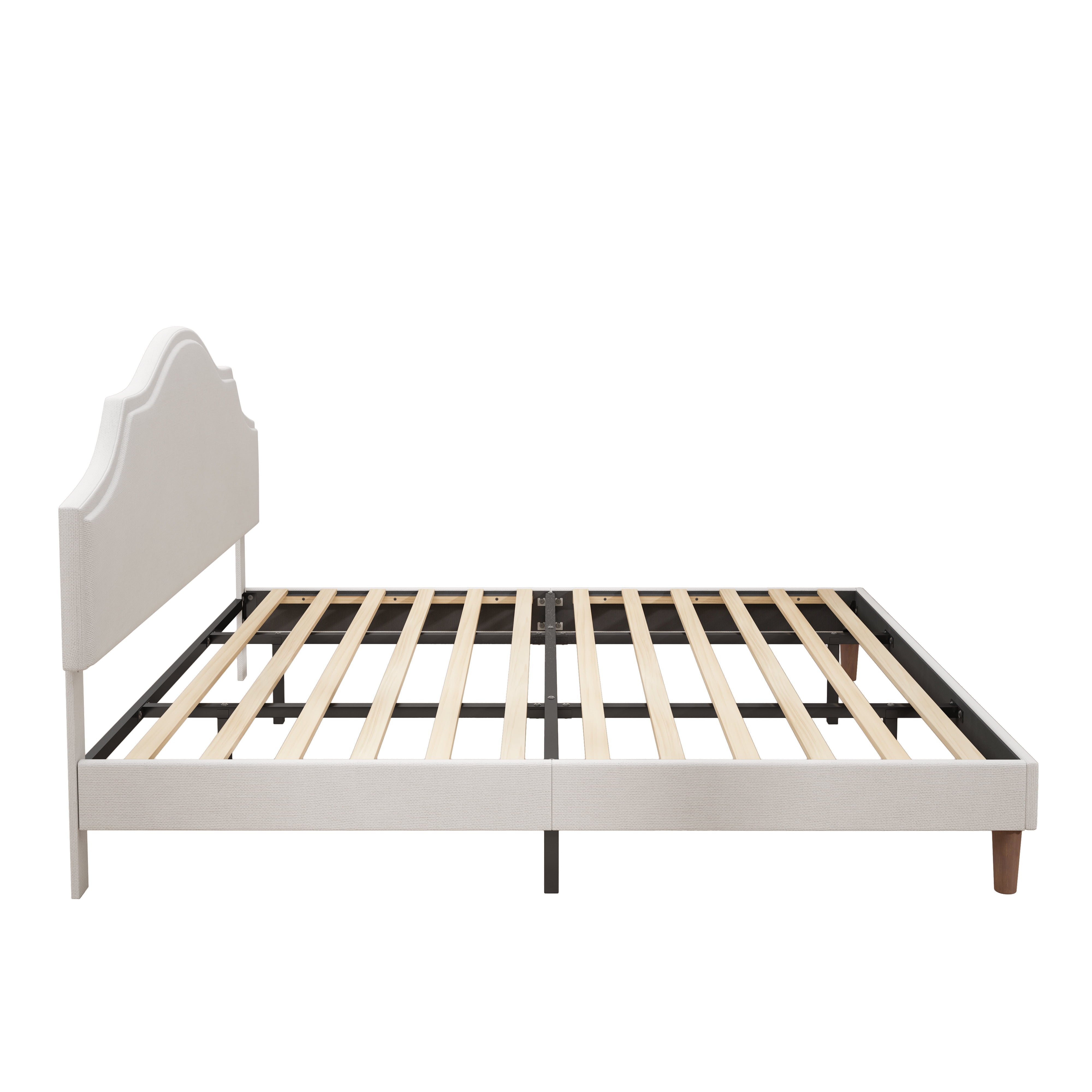 King Size Bed Frame Upholstered Platform Bed with Adjustable Headboard,Linen Fabric Padded,Modern Simple Style Platform Bed No Box Spring Needed, Easy Assembly, White