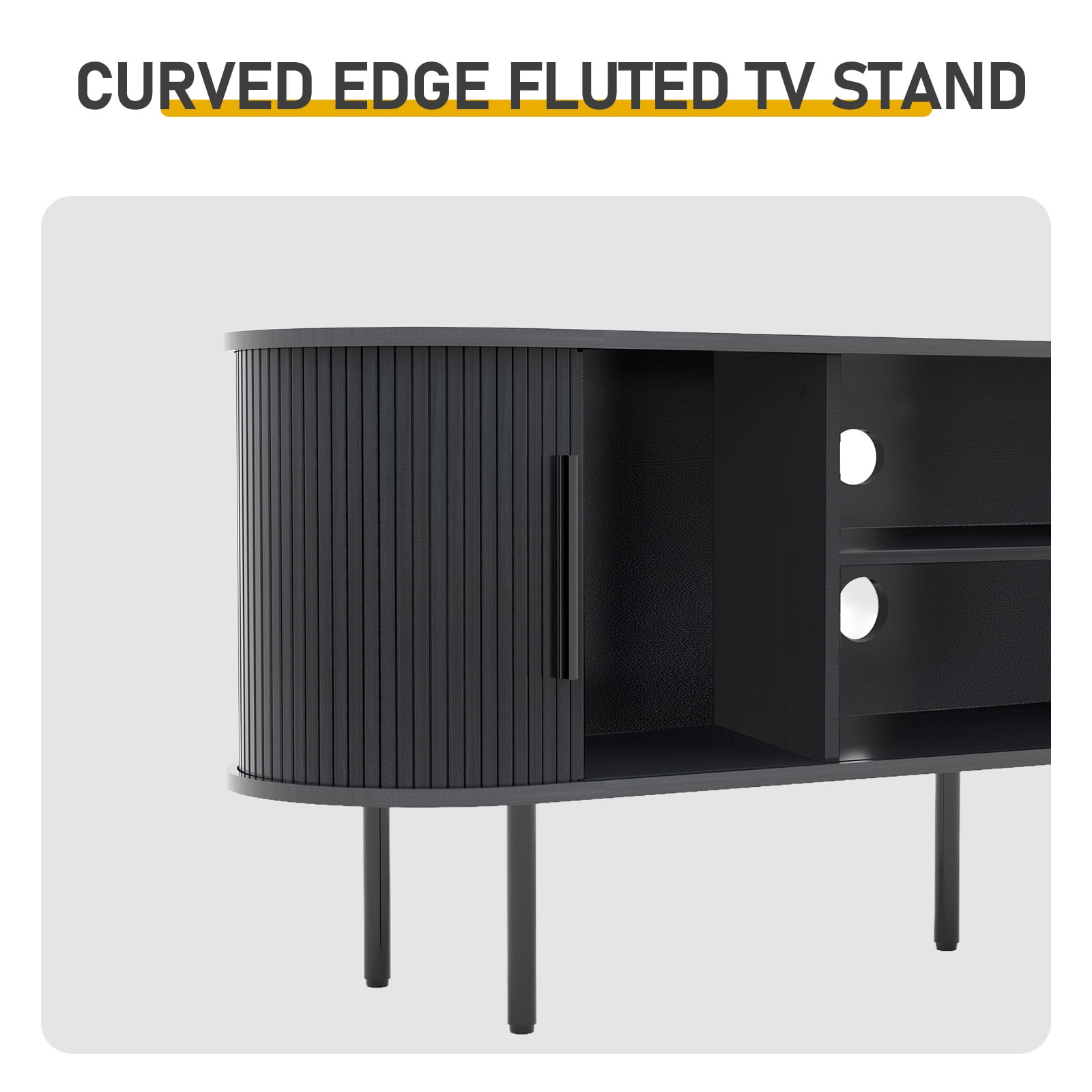 Embossed Particle Board TV Stand, Oval Tabletop 147x35x58cm, Entertainment Center with Slatted Sliding Doors, Modern Media Console Cabinet for Living Room, Black