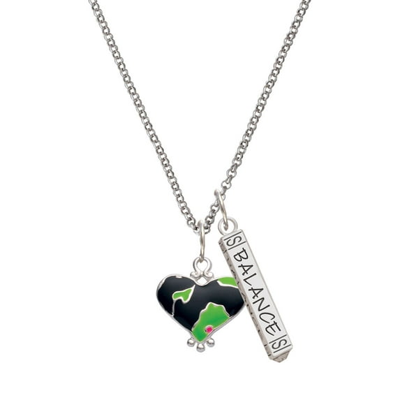 Delight Jewelry Silvertone Lime Green Large Cheetah Print Heart Silvertone Balance Bar Charm Necklace, 23"