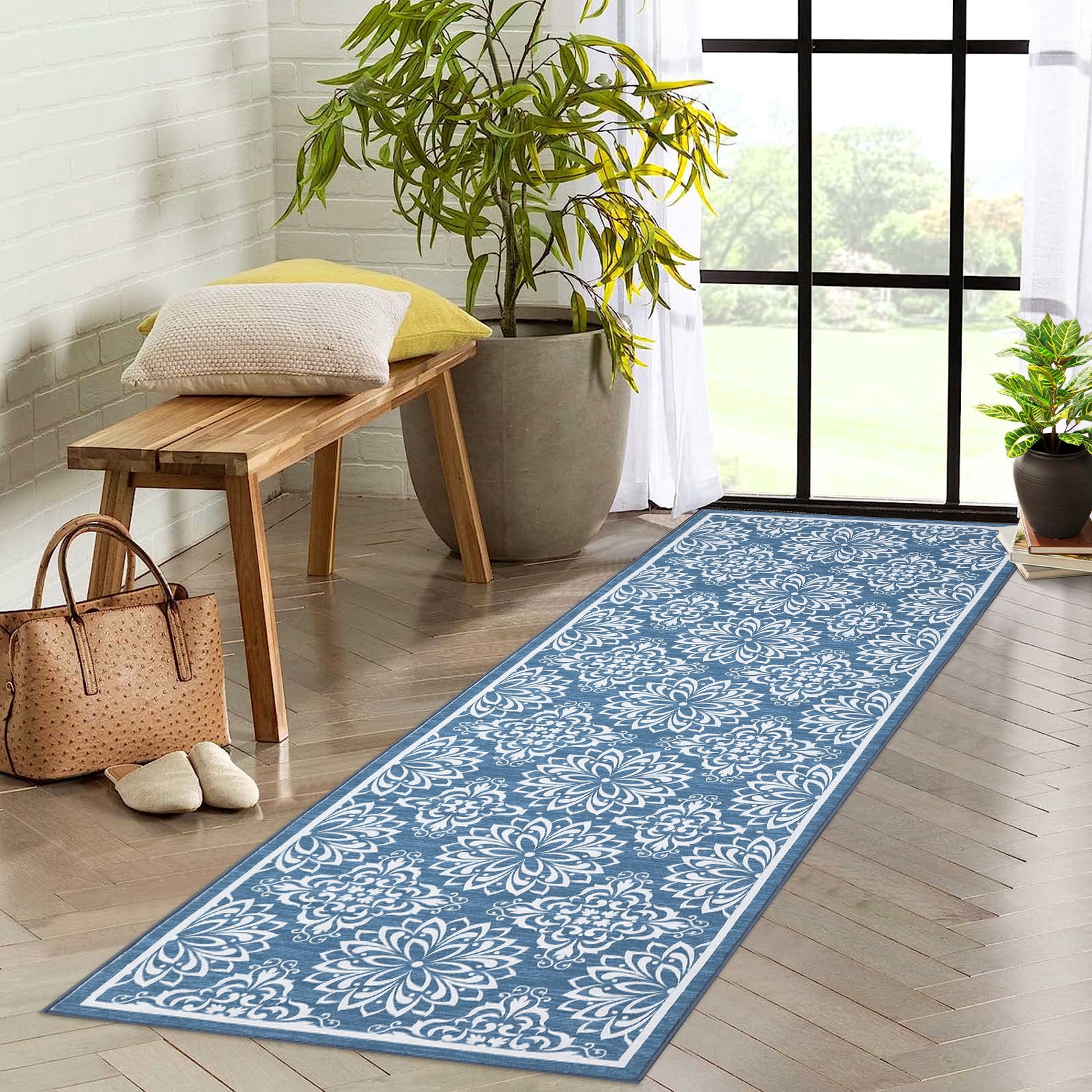 Hasoo 2' x 6' Modern Austere European Runner Rug Non Slip Hallway Runner Rug Washable Kitchen Runner Rug Entryway Runner Area Rug Blue