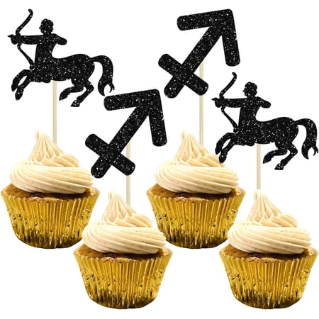 12Pcs Black Glitter Sagittarius Zodiac Cupcake Toppers, Archer & Sagittarius Symbol Picks for Astrology Birthday Party Decor