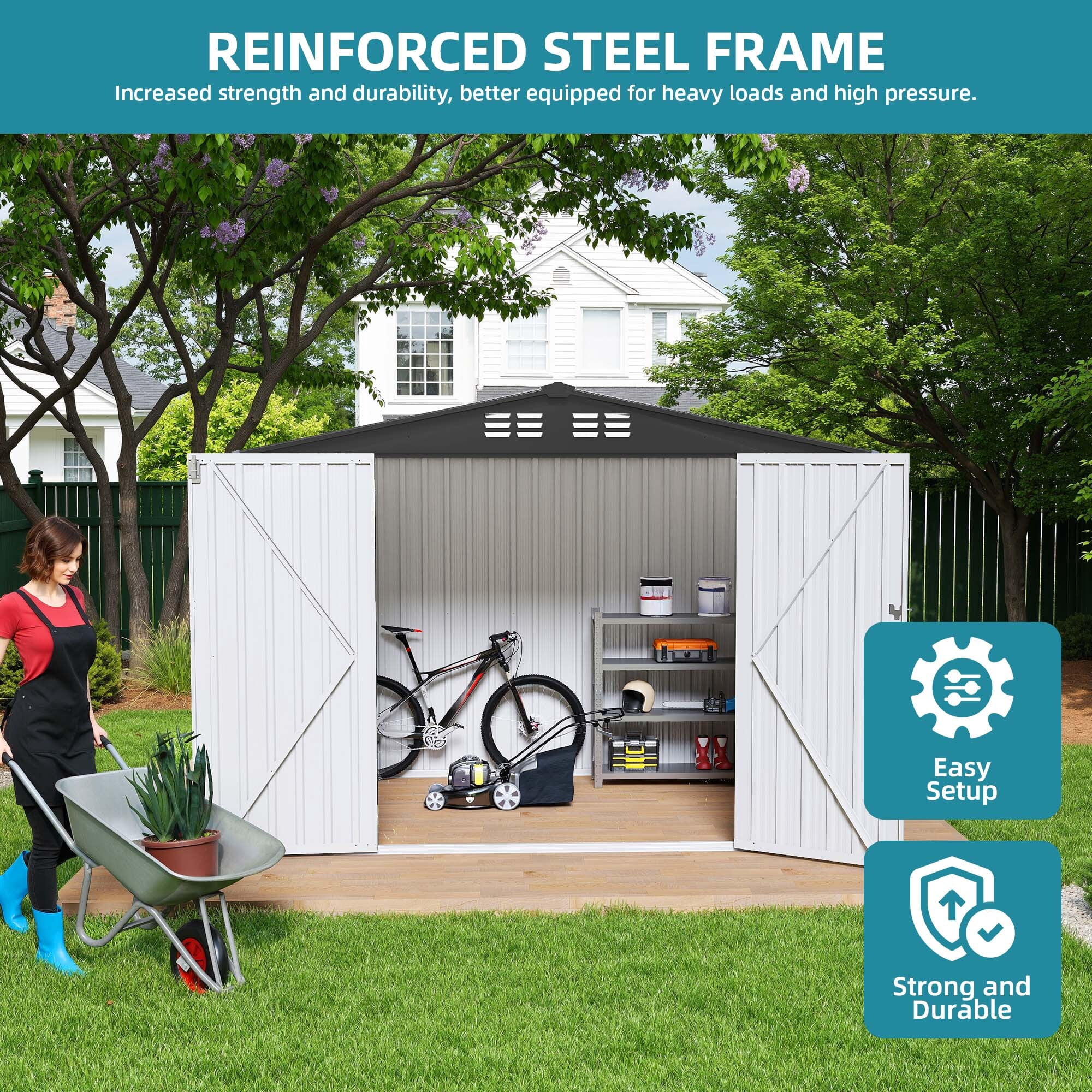 Uforic 7'x5' Metal Storage Shed, Heavy Duty Lockable Weatherproof Shed, Sloped Roof, Easy Assembly for Tools & Bicycles, White