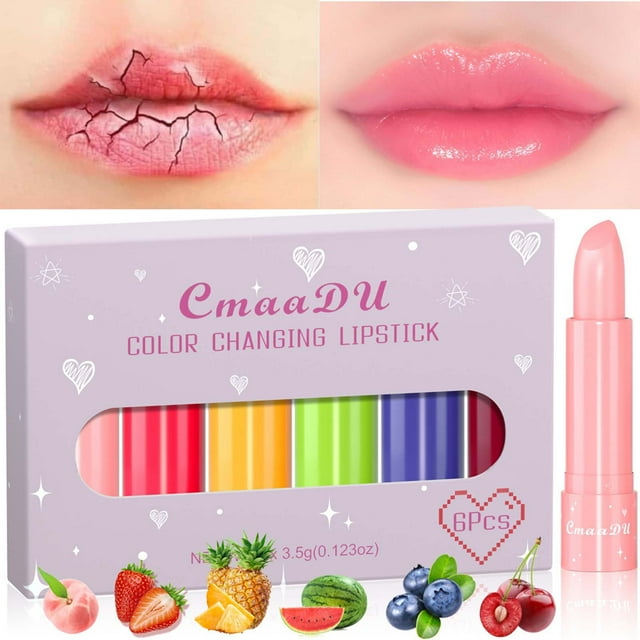 Xihbxyly Lápiz Labial Que Cambia de Color, Brillo de Labios con 6 Tonos Frutales, Fórmula Súper Hidratante, Tono Único con Ph Reactivo, Perfecto para Citas En La Oficina o Reuniones de Verano, Set de