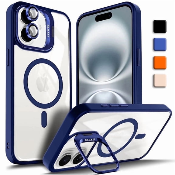 Shockproof Kickstand Heavy Duty Clear Case For Apple iPhone 16 Plus Compatible With MagSafe With Camera Lens Protector Blue