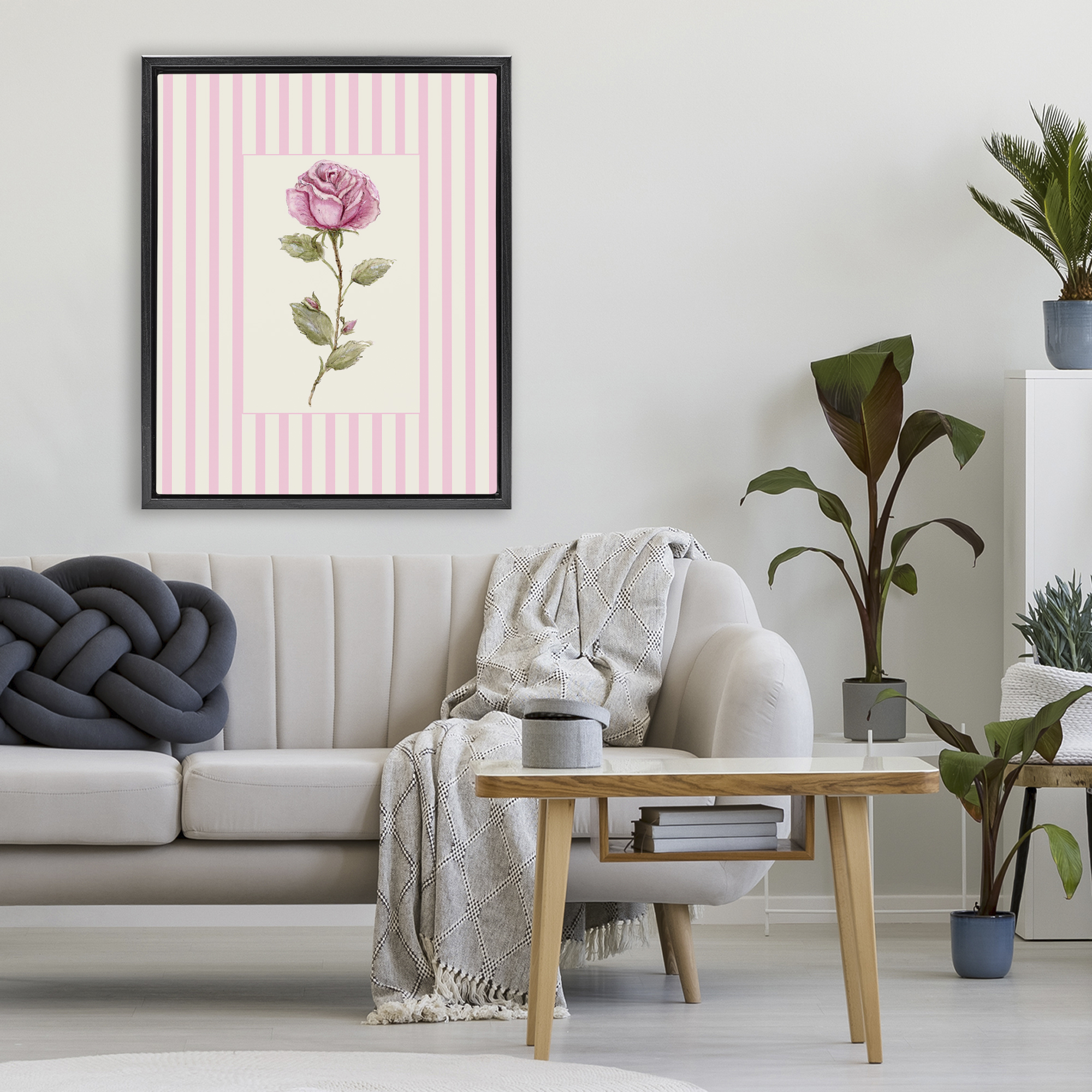Pink Stripe Rose Black Framed Floater Canvas Wall Art, design by Lisa Wehmeyer