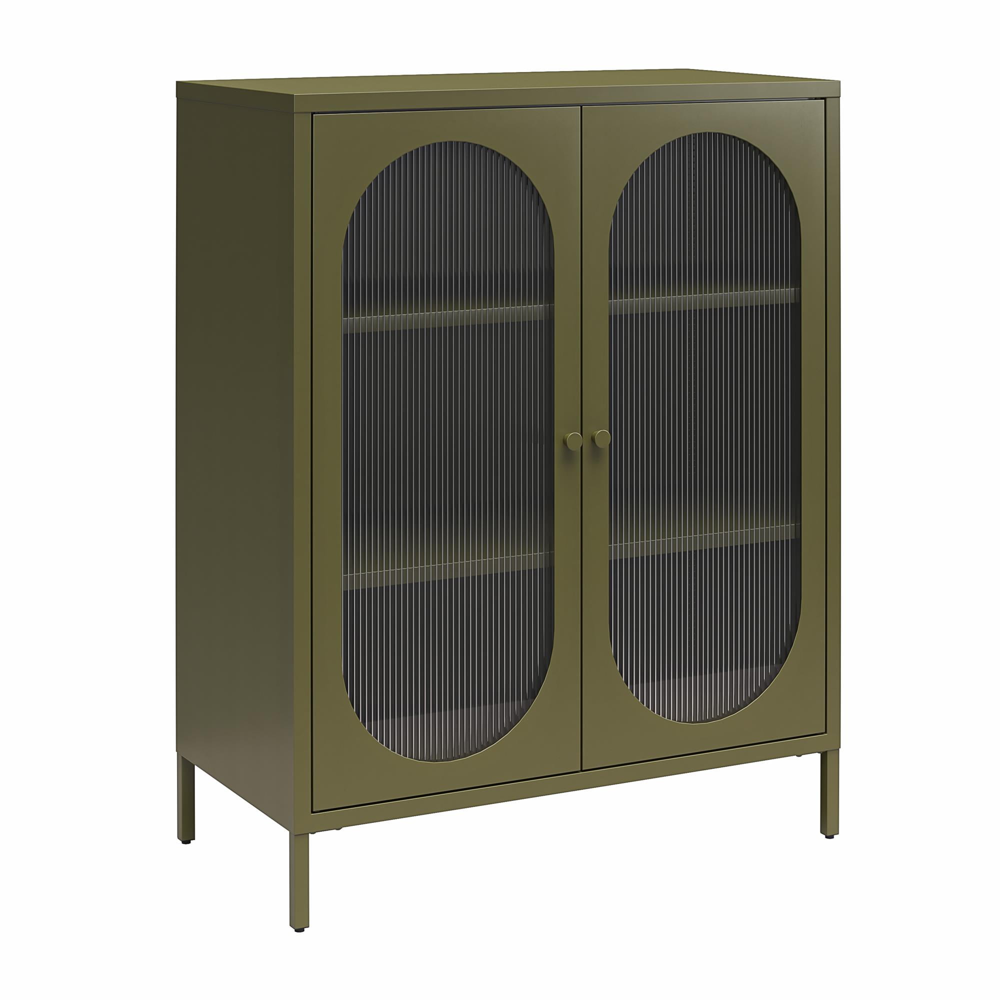 Mr. Kate Luna Short 2-Door Metal Accent Cabinet with Fluted Glass, Olive Green