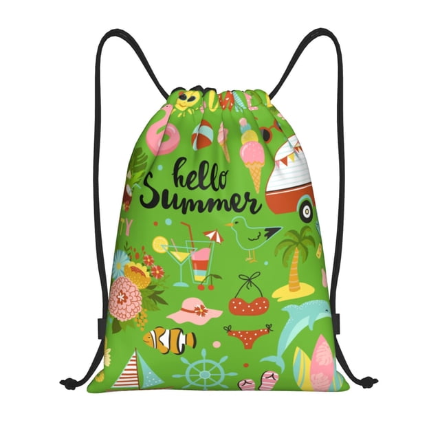Saiise Hello Summer Pattern Sports Drawstring Backpack - String Swim Gym Bag with Wet Proof Pocket for Women&Men-Small