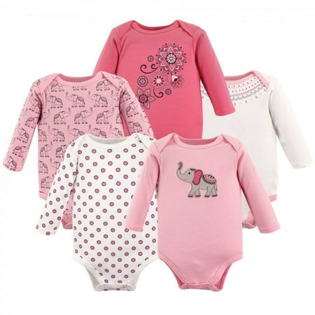 UPC: 0660168553024 | Hudson Baby Infant Girl Cotton Long-Sleeve Bodysuits 5pk  Boho Elephant  0-3 Months