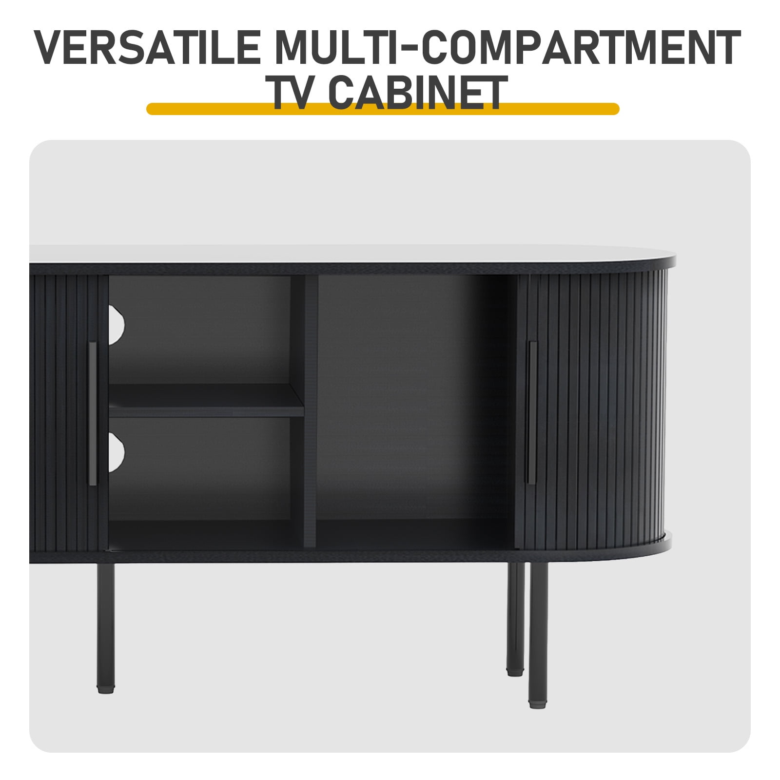 Embossed Particle Board TV Stand, Oval Tabletop 147x35x58cm, Entertainment Center with Slatted Sliding Doors, Modern Media Console Cabinet for Living Room, Black
