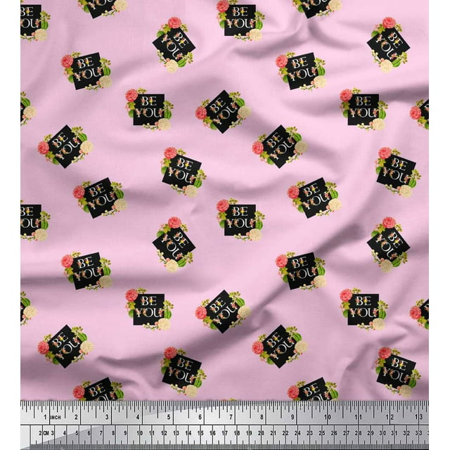 Soimoi Pink Silk Fabric Floral & Be You Text Print Fabric by The Yard 42 Inch Wide