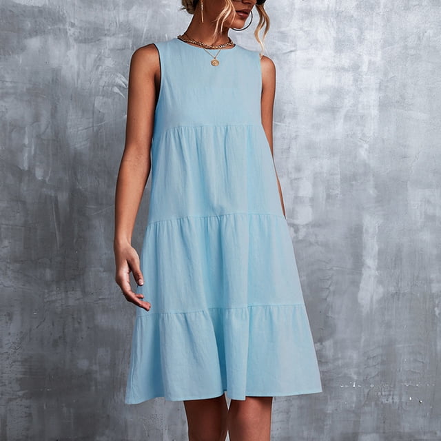 TIHLMK Robes pour Femmes Été Mode Vacances Été Couleur Unie Col Rond Sans Manches Fête Plage Robe Ample