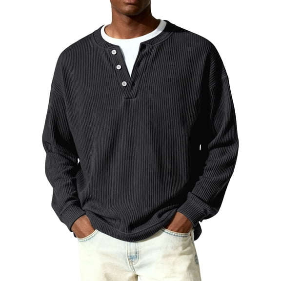 Fabrcox Ribbed Knit Mens Long Sleeve Henley Shirts Button Up Mens V Neck T Shirts Big and Tall Sports Workout Athletic Shirt Men Black XL