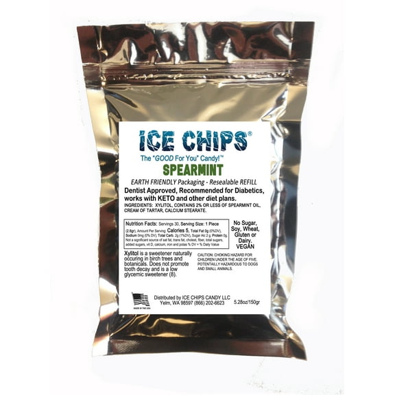 ICE CHIPS Xylitol Candy in Large 5.28 oz Resealable Pouch; Low Carb & Gluten Free (Spearmint)