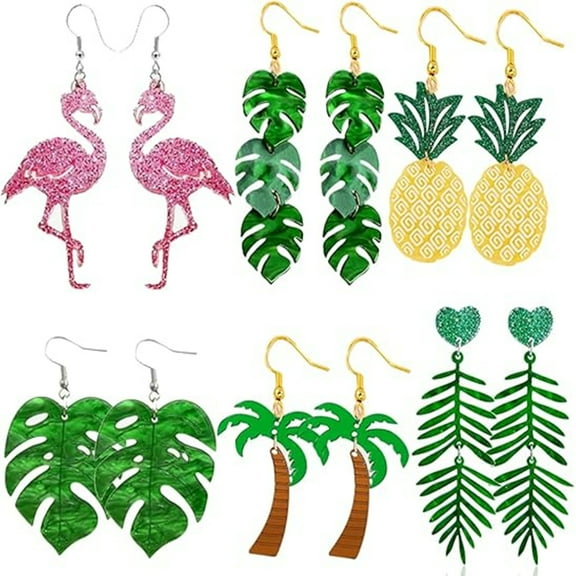 6 pairs Tropical Earrings for Women Coconut Palm Leaf Dangle Earrings Green Plant Pineapple Flamingo Hawaiian Earrings