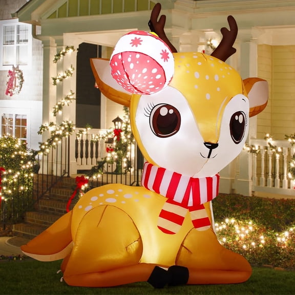 SHILIU-5 FT Christmas Inflatables Reindeer Outdoor Decorations Blow Up Yard Cute Deer with Xmas Ball with Built-in LEDs for Garden Lawn Indoor Party Decor