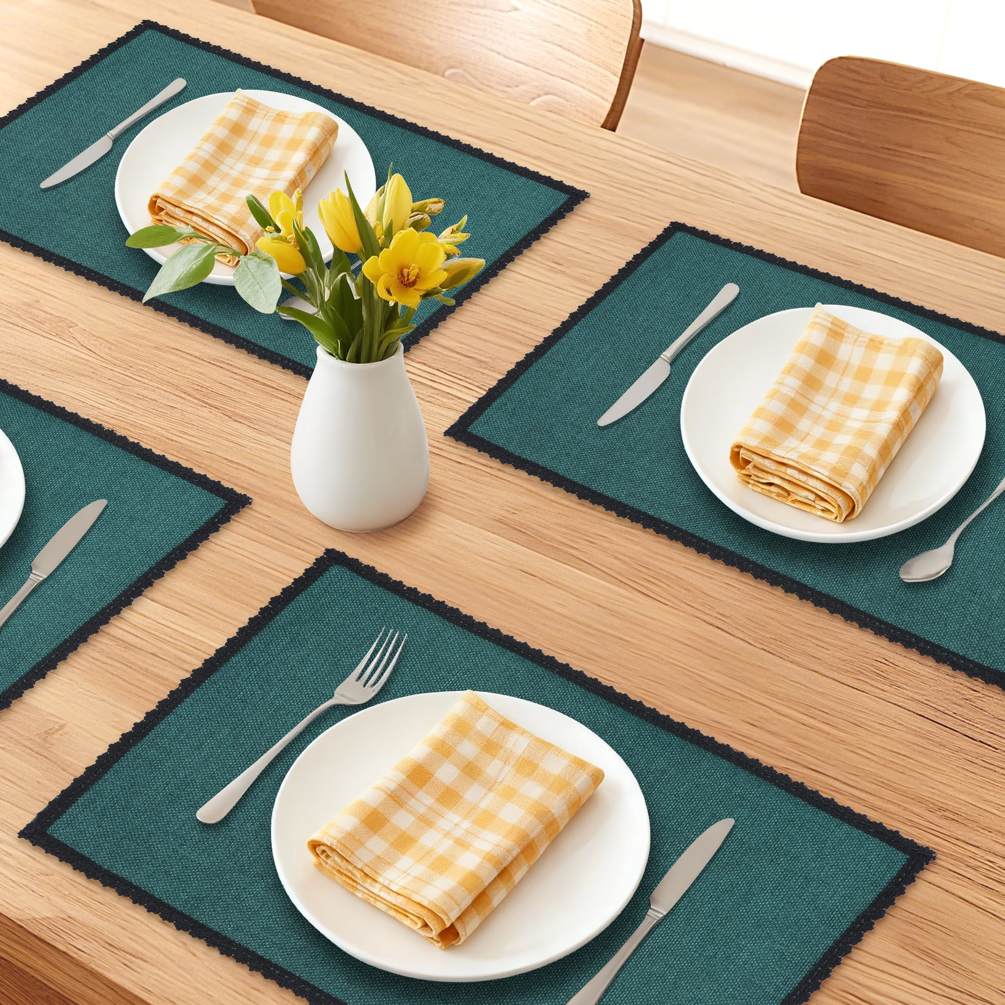 Unique Bargains Farmhouse Placemats 6pcs Cotton and Linen Dark Green 17.7"x11.8"