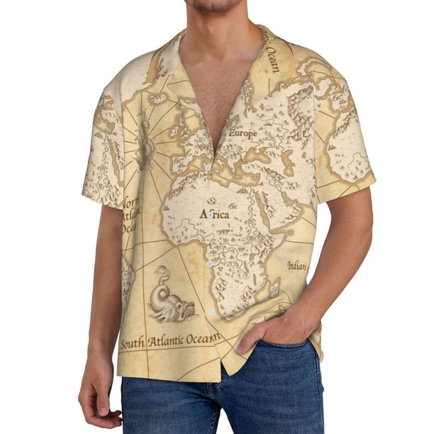 Fotbe World Map Camisa Estampada de Manga Corta para Hombre, Casual de Verano, Estilo Playero, Sin Arrugas-Medium