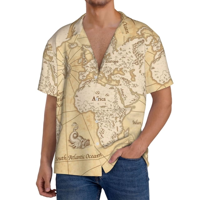 Balery World Map Camisa Casual de Manga Corta con Botones para Hombre, Texturizada, Estilo Cubano, para Playa, Verano-4X-Large