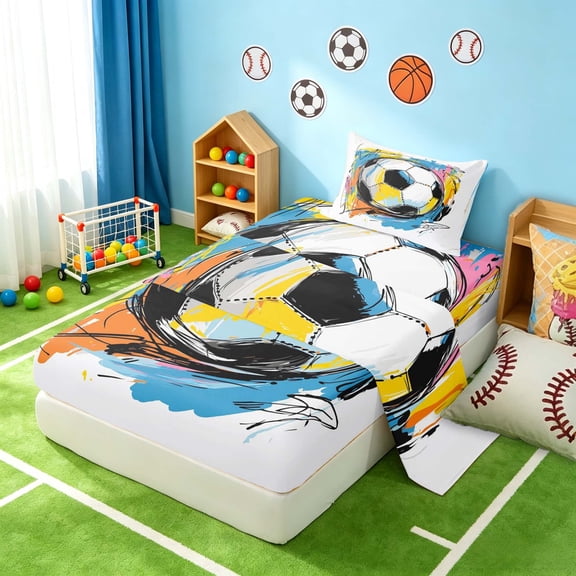 Manfei Sport Twin Sheets, Graffiti Soccer Bedding, White Blue Yellow 3 Pieces(1 Flat Sheet, 1 Fitted Sheet and 1 Pillowcase)