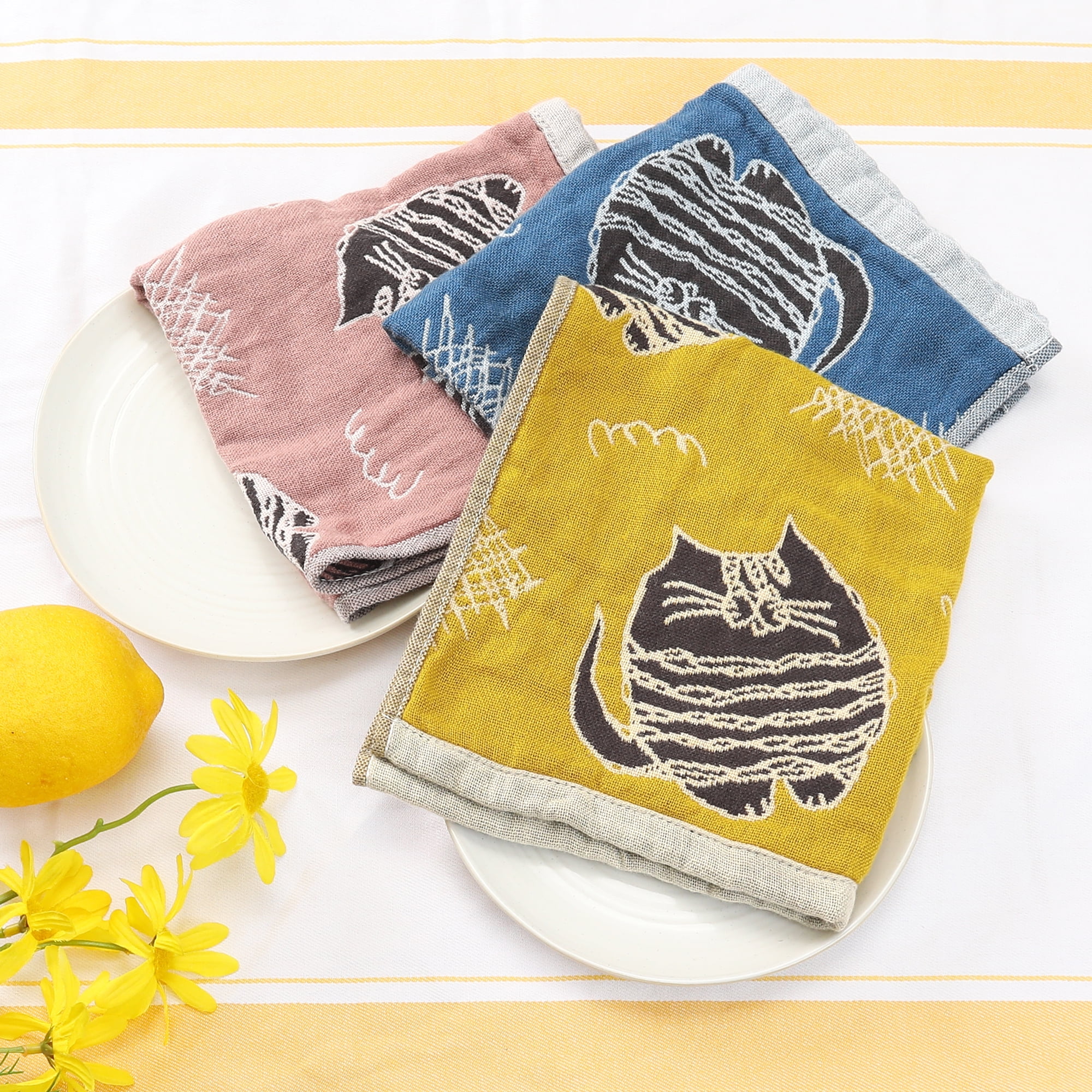 Unique Bargains Kitty Pattern Absorbent with Hanging Loop Kitchen Tea Towels 14"x16" Multicolor