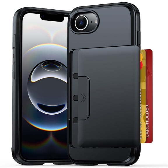for iPhone 17e/16e Hybrid Case with Card Holder, Heavy Duty Protective Dual Layer Shockproof Hidden Card Slot, Ultra Slim Wallet Case for iPhone 17e/16e Men & Women, Black