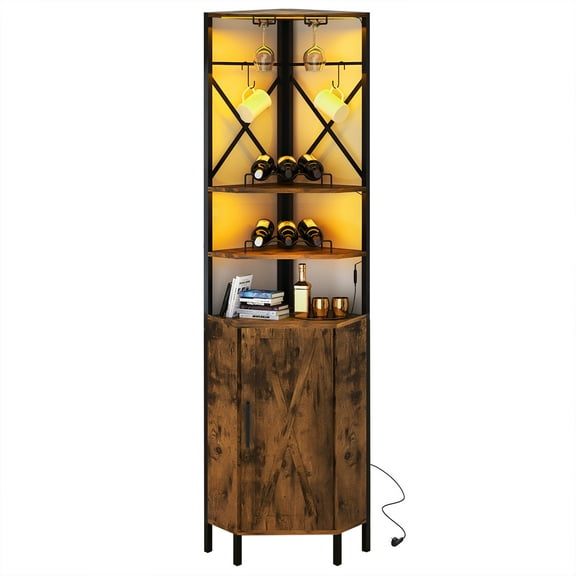 UVANIOHOM 6-Tier Corner Bar Cabinet with Power Outlet, LED Light, Glass Holder, Farmhouse Style,Rustic Brown