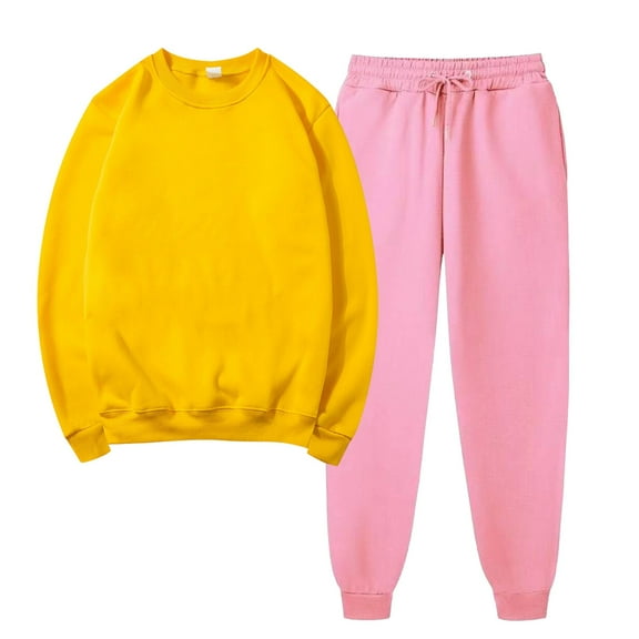 Jacenvly Christmas Sweatshirt Solid Soft Comfortable Long Sleeve Tracksuits Suit Crewneck Pullover Elastic Waisted Long Pants Leisure Trendy 2-Piece Sets Yellow