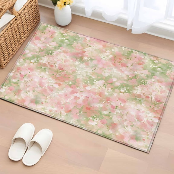 Pink Green Flower Bathroom Rug Washable 2x3 Entryway Rug Non Slip Watercolor Summer Botanical Front Door Mat Low Pile Indoor Doormat Throw Floor Carpet for Kitchen Bedroom Entrance