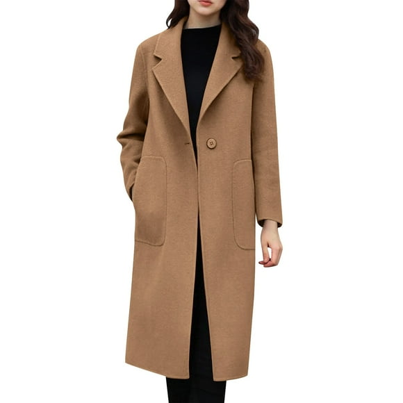 RXMEKW Pea Coat for Women, Solid Thicken Wool with Stand Collar, Inner Lining and Breast Pocket, Casual Long Coat for Daily Wear and Fall Winter Season