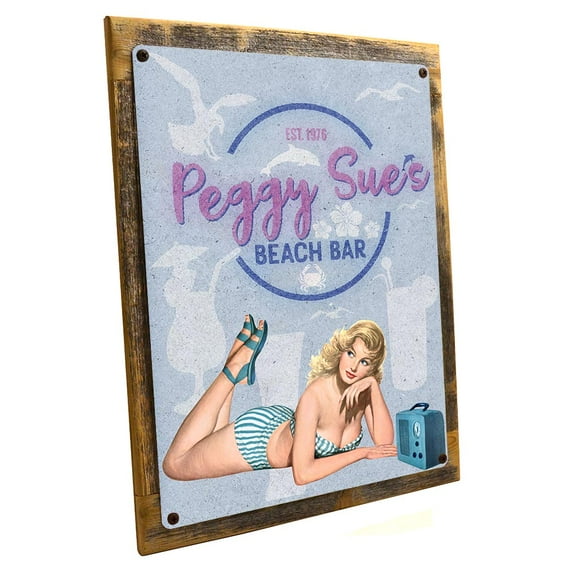 Framed, Outdoor Peggy Sue’s Beach Bar 9"x12" Metal Sign, Wall Decor for Bath or Laundry, Hand-Crafted from reclaimed materials