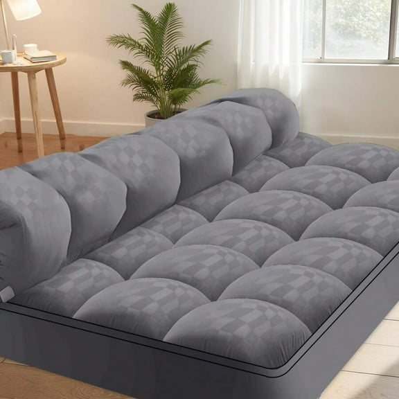 REZJSWFSMMJ Cooling Extra Thick Mattress Topper, Quilted Fluffy Soft Mattress Pad Cover Protector Light Grey