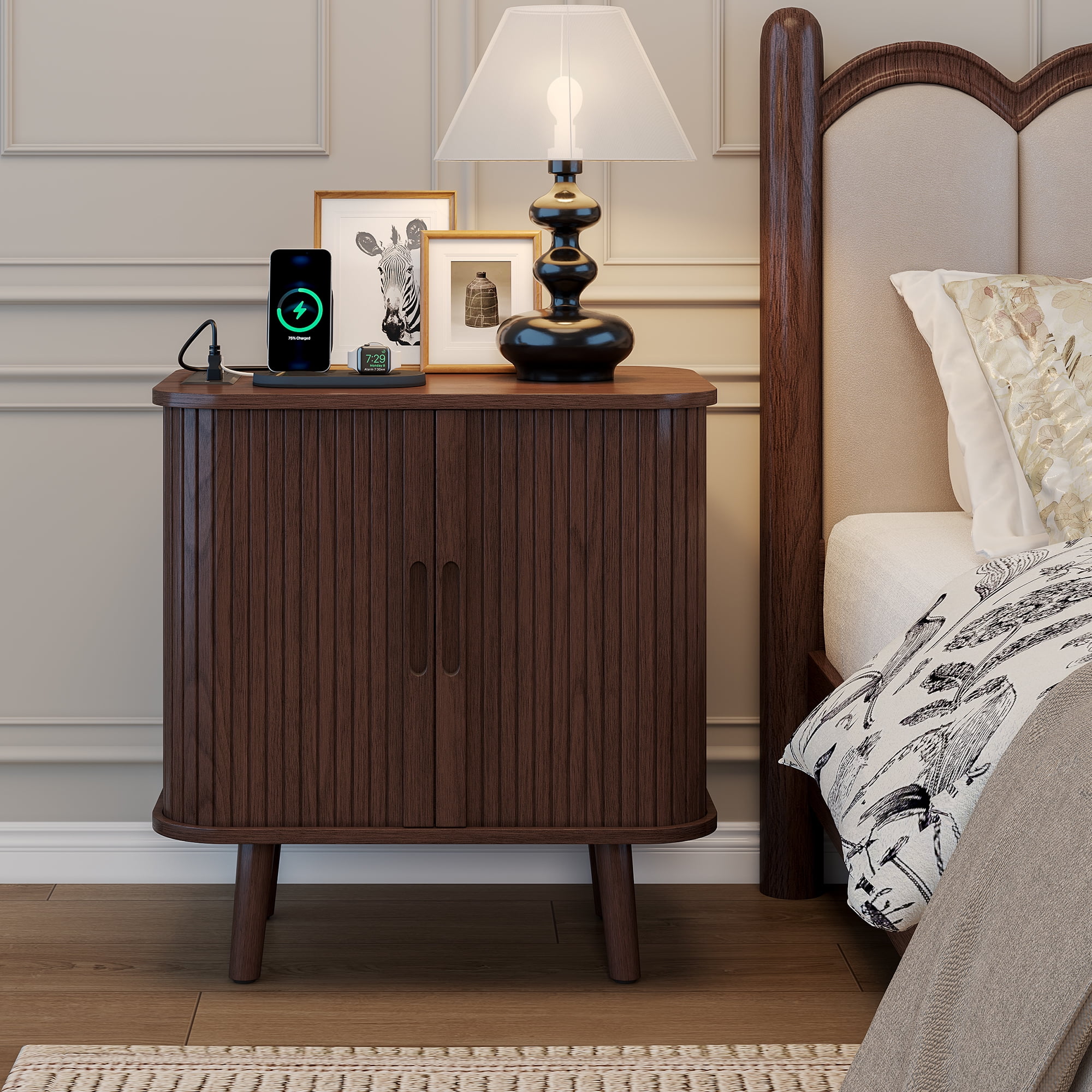 Fluted Nightstand with Charging Station, Mid Century Modern Bedside Table with Drawers and Shelves, Sliding Doors Nightstands, Wood Night Stand for Bedroom, End Table with Charging Station, Walnut