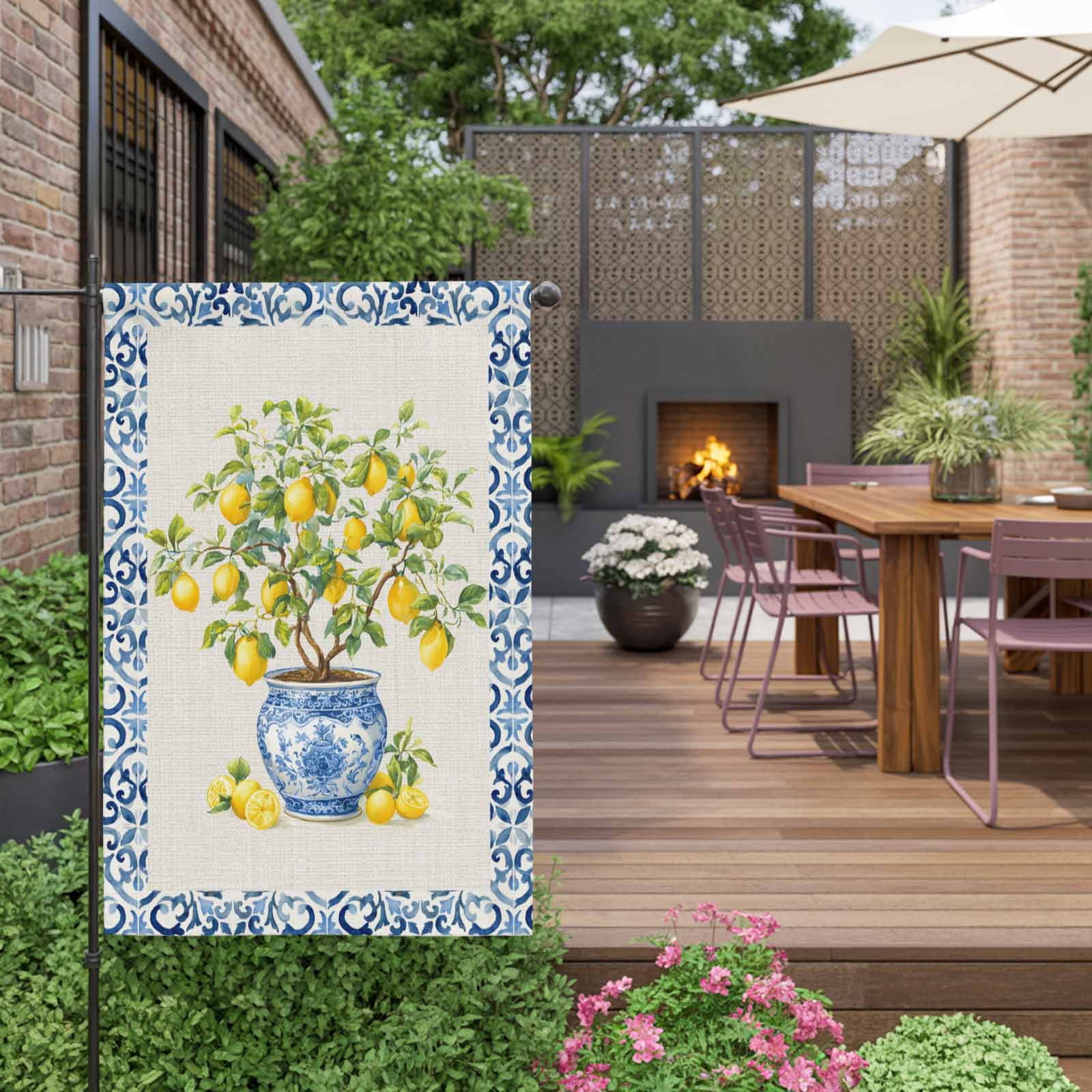 Summer Fruit House Flags For Outdoor, Watercolor Yellow Lemon Porcelain Potted Plant Small Double Side Yard Flags Weather Proof House Decor for Lawn Outside Holiday 28 x 40 Inches