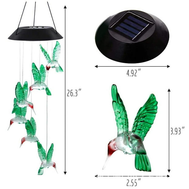 Carillon Éolien Solaire Colibri LED, Couleur Changeante Étanche