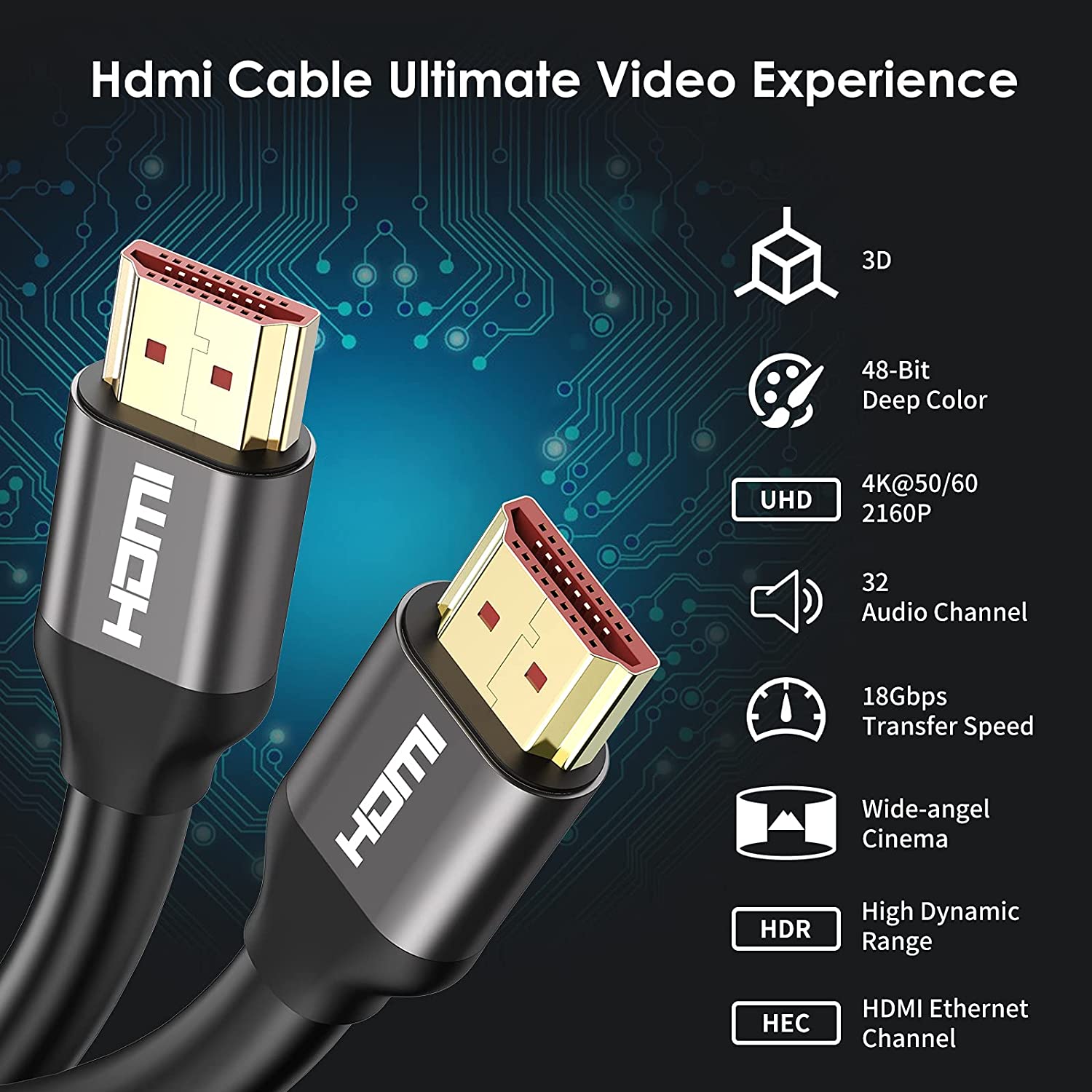 4K HDMI Cable 5ft, 60Hz High Speed HDMI 2.0 Connectors, Supports, 3D