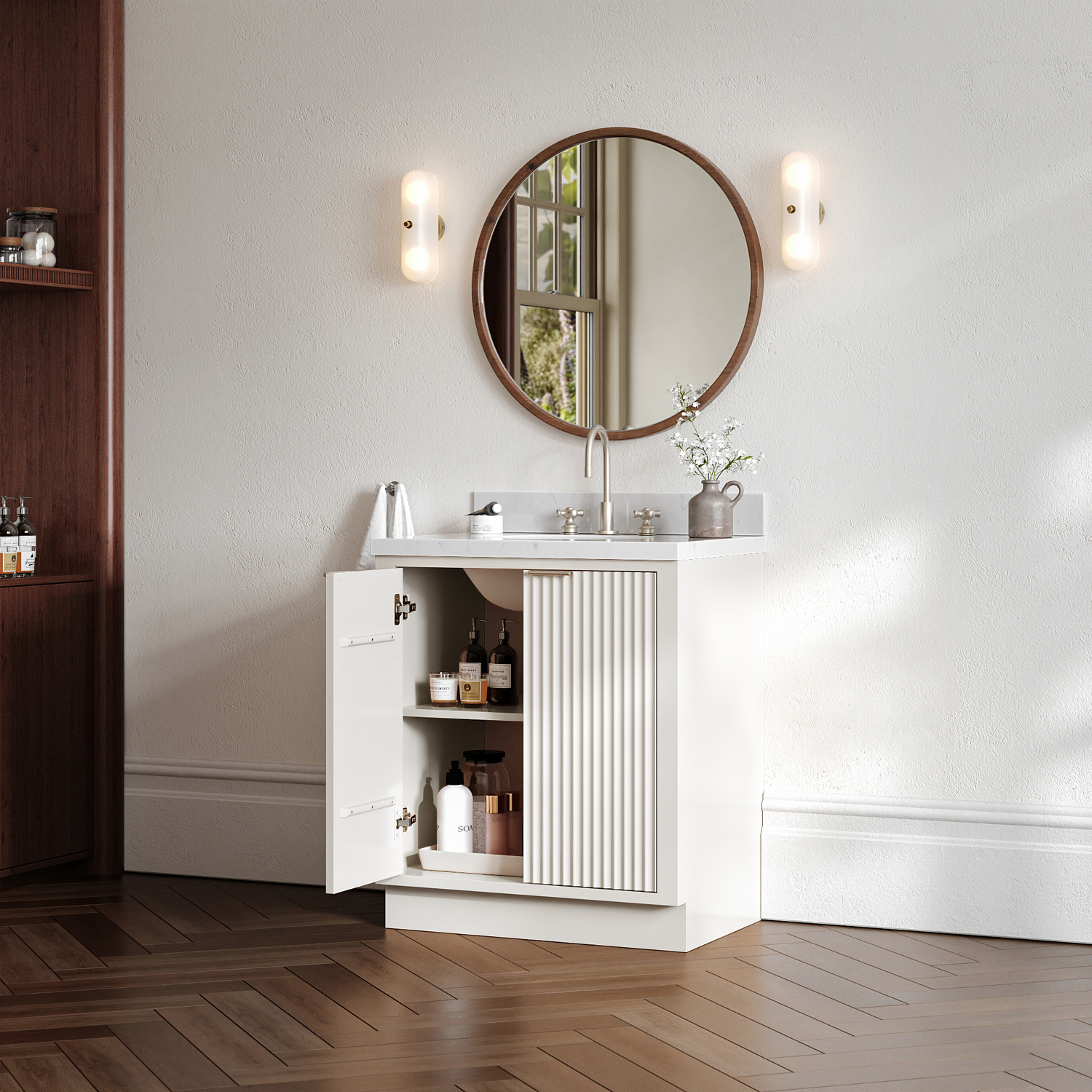 ARIEL Milan 30 Inch Single Oval Sink Bathroom Vanity with Carrara White Quartz Countertop 1.5 Inch in Warm White