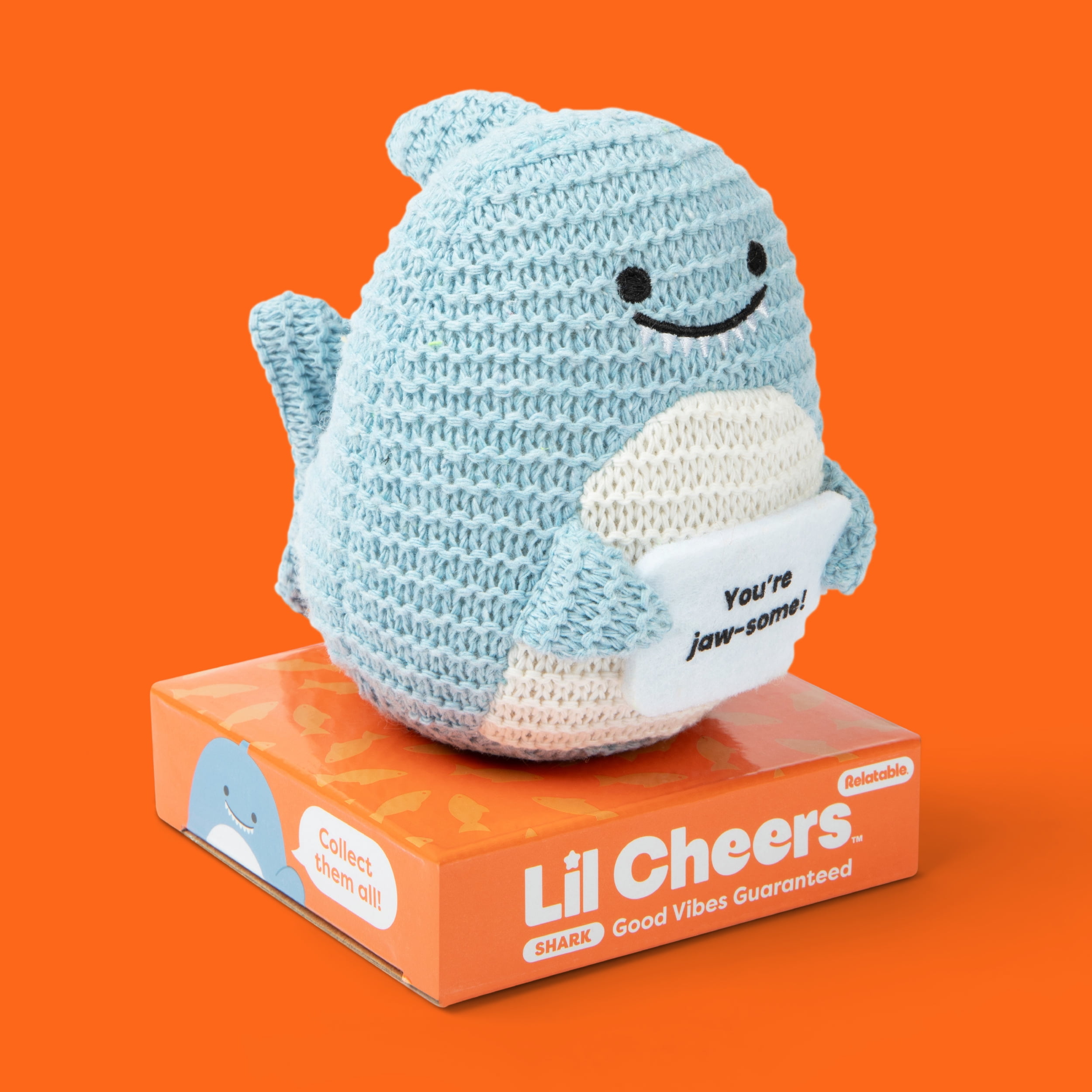 Lil Cheers Shark by Relatable, Crochet Plush with Positive Message, Gifts for Kids and Adults