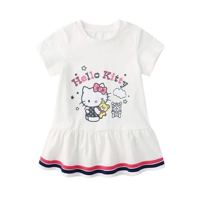 Cute Sanrio Hello Kitty Robe d'Été pour Enfants Bébé Manches Courtes Imprimé Dessin Animé Hello Kitty Robe Enfant Fille Coréenne Jupe Plissée